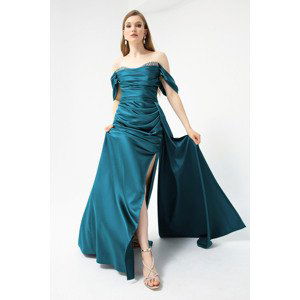 Lafaba Women's Turquoise Boat Neck Slit Long Satin Evening Dress