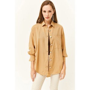 Olalook Women's Camel Side Button Detailed Oversize Woven Shirt