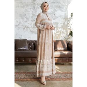 InStyle Selva Front Tasseled Patterned Viscose Dress - Beige