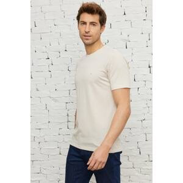 AC&Co / Altınyıldız Classics Men's Beige-white Easy-Iron Slim Fit Slim Fit Crew Neck Jacquard T-Shirt