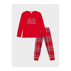 LC Waikiki Crew Neck Printed Long Sleeve Girls Kids Pajamas Set
