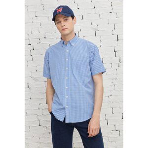 AC&Co / Altınyıldız Classics Men's Blue-white Comfort Fit Comfy Cut Buttoned Collar Cotton Gingham Short Sleeve Shirt.