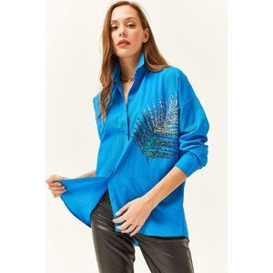 Olalook Women's Saxe Blue Palm Sequin Detailed Oversize Woven Poplin Shirt
