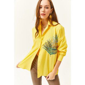 Olalook Women's Yellow Palm Sequin Detailed Oversize Woven Poplin Shirt