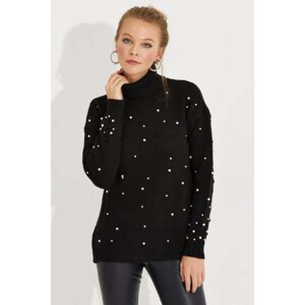 Cool & Sexy Women's Black Turtleneck Pearl Knitwear Sweater