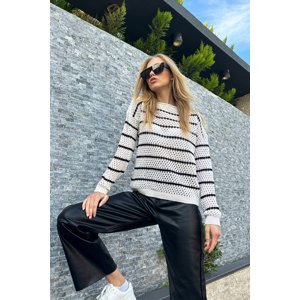 Trend Alaçatı Stili Women's Vanilla Striped Openwork Knitwear Sweater