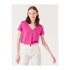 Jimmy Key Fuchsia Straight Cut V Neck Short Sleeve Knitted Basic T-Shirt