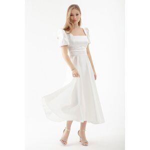 Lafaba Women's White Square Neck Balloon Sleeve Midi Evening Dress