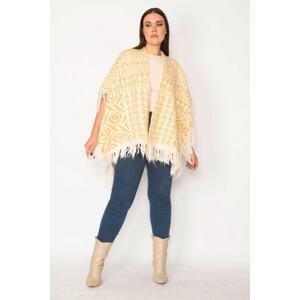 Şans Women's Plus Size Yellow Shawl Pattern Thick Knitwear Poncho With Tassel And Shimmer Detail