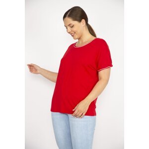 Şans Women's Red Plus Size Collar and Sleeve Glitter Stripe Blouse