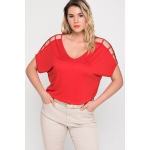 Şans Women's Plus Size Red Decollete Pearl Detailed Viscose Blouse