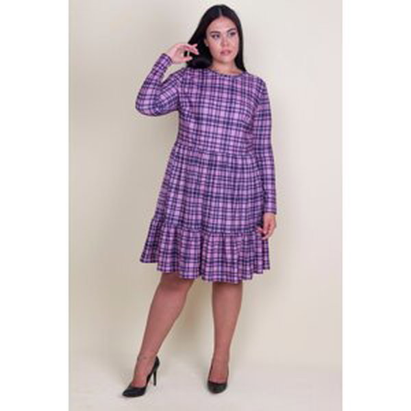 Şans Women's Plus Size Lilac Check Pattern Dress with Elastic Waist and Ruffles at the Hem