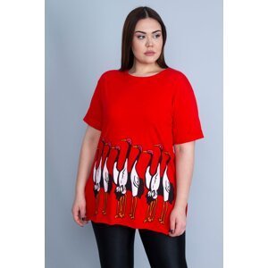 Şans Women's Plus Size Red Print And Slit Detailed Blouse