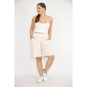 Şans Women's Pink Plus Size Striped Linen Woven Fabric Shorts with Elastic Waist Pockets