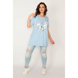 Şans Women's Plus Size Baby Blue Lacquer Printed Relaxed Fit Crew Neck Tunic