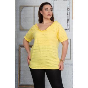 Şans Women's Plus Size Yellow Collar Blouse with Elastic Detailed Sleeves and Hem