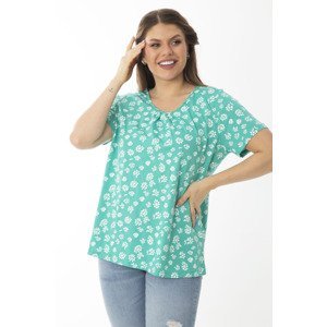 Şans Women's Plus Size Green Cotton Fabric Collar Shirred Detailed Patterned Blouse