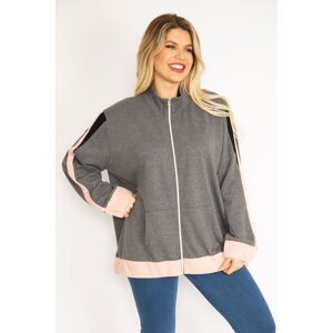Şans Women's Large Size Gray Front Zippered Kangaroo Pocket Sweatshirt Coat