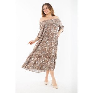 Şans Women's Plus Size Milk Brown Collar Elastic Woven Viscose Fabric Layered Dress