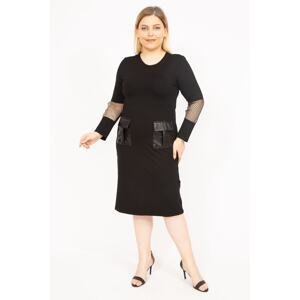 Şans Women's Black Plus Size Dress with Pockets, Mesh Detailed, Faux Leather