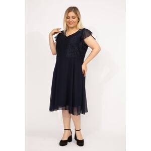 Şans Women's Navy Blue Plus Size Top Lace Detailed Lined Chiffon Dress