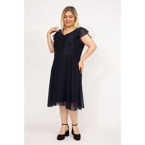 Şans Women's Navy Blue Plus Size Top Lace Detailed Lined Chiffon Dress