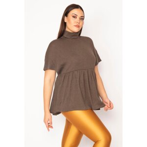 Şans Women's Plus Size Brown Turtleneck Waist Gathered Low Sleeve Knitwear Blouse