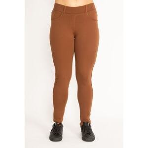 Şans Women's Large Size Tan Leggings with Front Decoration and Back Pockets