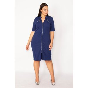Şans Women's Large Size Navy Blue Zipper Detailed Dress