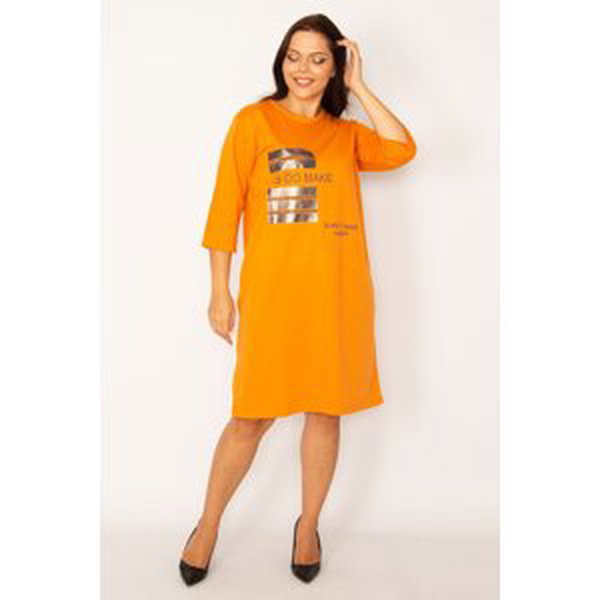Şans Women's Plus Size Orange Stone And Lacquer Detailed Dress