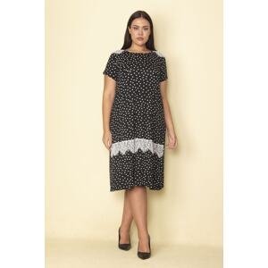 Şans Women's Plus Size Black Point Patterned Lace Detailed Woven Viscose Fabric Dress