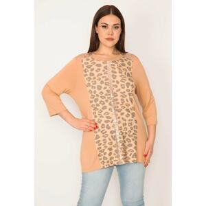 Şans Women's Plus Size Mink Sequin Detail Leopard Patterned Blouse