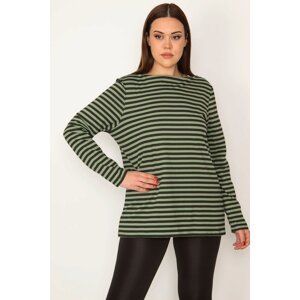 Şans Women's Plus Size Green Crew Neck Long Sleeve Striped Blouse