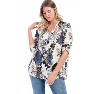 Şans Women's Plus Size Bone Front Button Zipper Detail Floral Patterned Blouse