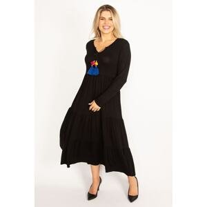Şans Women's Plus Size Sax Collar Detailed Long Sleeve Layered Dress