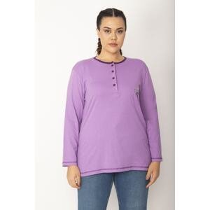 Şans Women's Plus Size Purple Cotton Fabric Front Pat Buttoned Chest Embroidered Long Sleeve Blouse