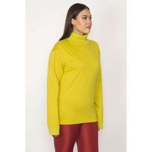 Şans Women's Plus Size Green Cotton Fabric Turtleneck Collar Blouse