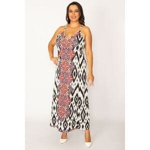 Şans Women's Plus Size Colorful, Authentic Patterned Long Dress with Stones in the Front and Straps