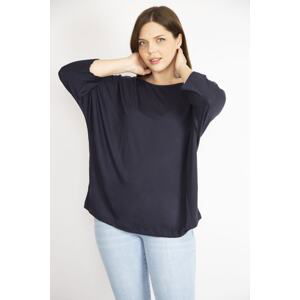 Şans Women's Navy Blue Large Size Capri Sleeve Blouse with Crew Neck