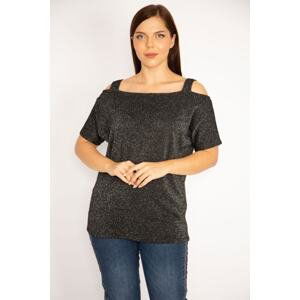 Şans Women's Plus Size Black Strappy Silvery Blouse