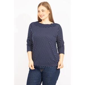 Şans Women's Navy Plus Size Cotton Fabric Points Pattern Collar Detailed Capri Sleeve Blouse