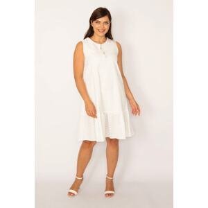 Şans Women's Plus Size White Embroidered Fabric Lined Dress