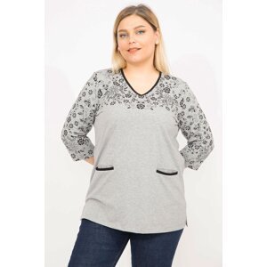 Şans Women's Gray Plus Size Cotton Fabric Pocket Detailed Blouse