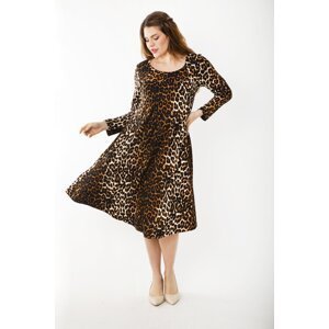 Şans Women's Plus Size Brown Leopard Patterned Long Sleeve Dress