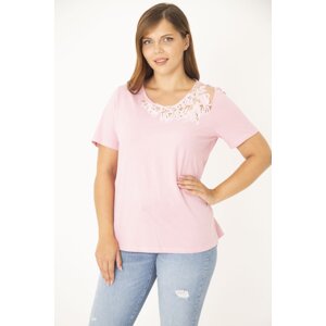 Şans Women's Plus Size Pink Cotton Fabric Lace Detail Blouse