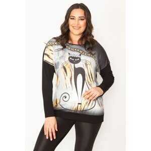 Şans Women's Plus Size Black Cat Figured Print And Stone Detailed Two Color Tunic