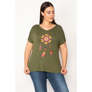 Şans Women's Plus Size Khaki Embroidery Detailed V-neck Low-Sleeve Blouse