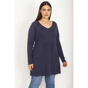 Şans Women's Large Size Navy Blue Waist Detailed Long Sleeve Tunic