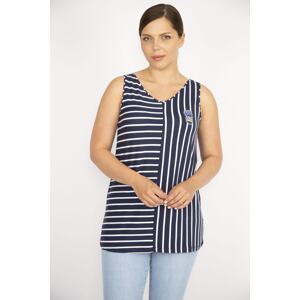 Şans Women's Navy Blue Plus Size Stripe Combined Sleeveless Blouse