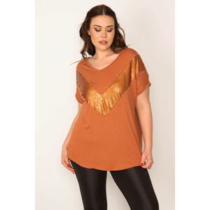 Şans Women's Plus Size Tan V Block Blouse